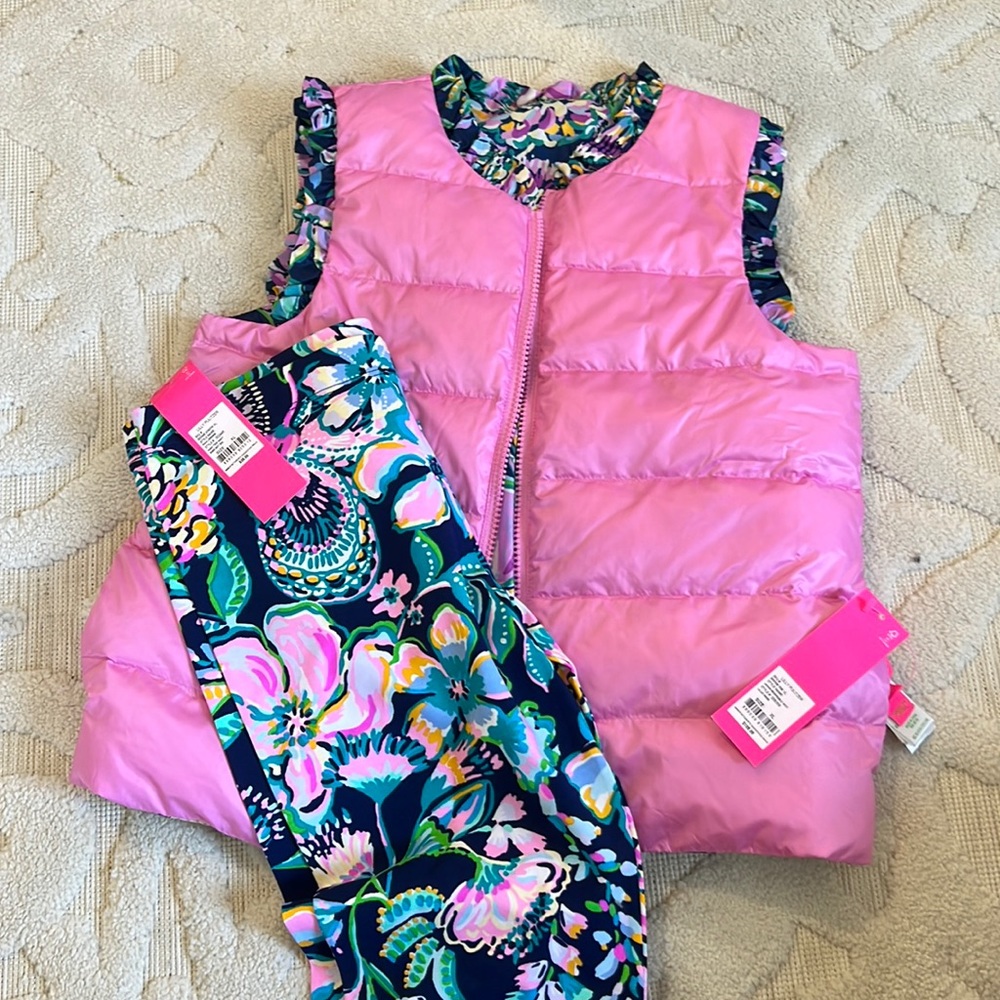 Lilly Pulitzer girls, high tide, navy leggings and vest, set size extra large